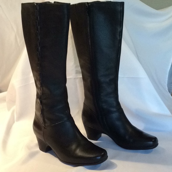 clarks black leather knee high boots
